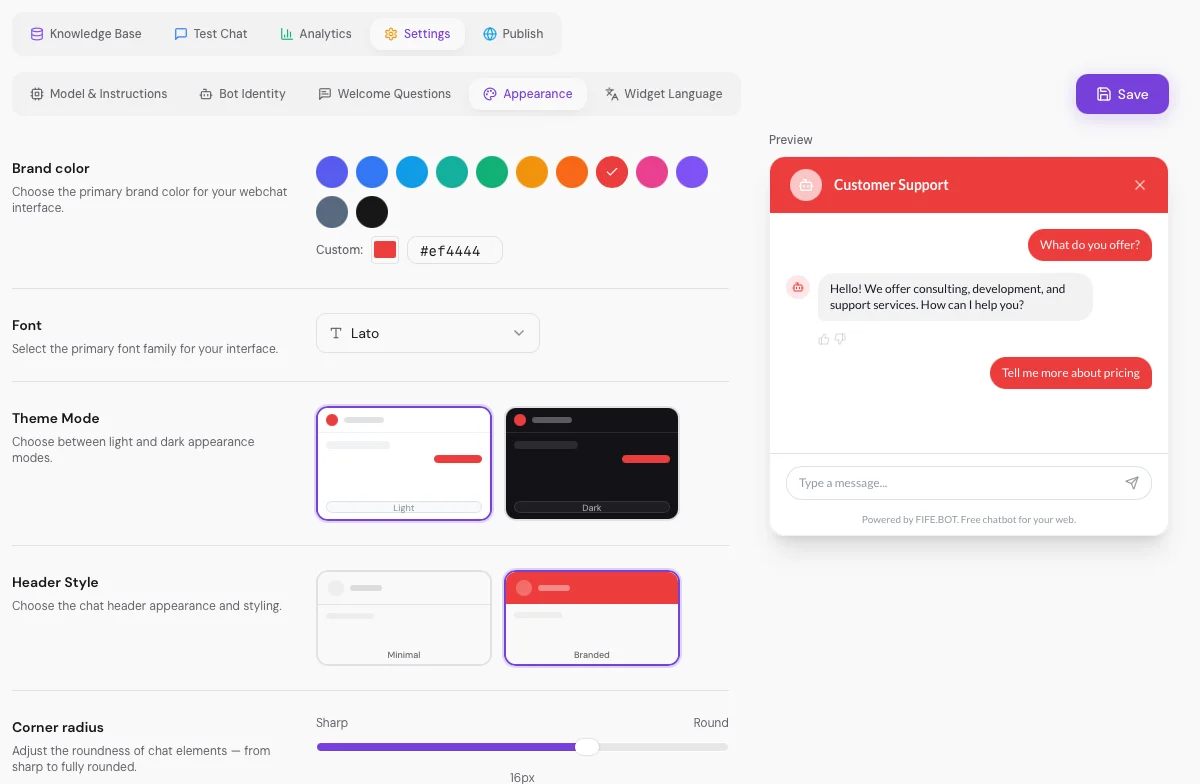 FIFE.BOT AI agent appearance customization — colors, fonts, themes, corner radius and live preview
