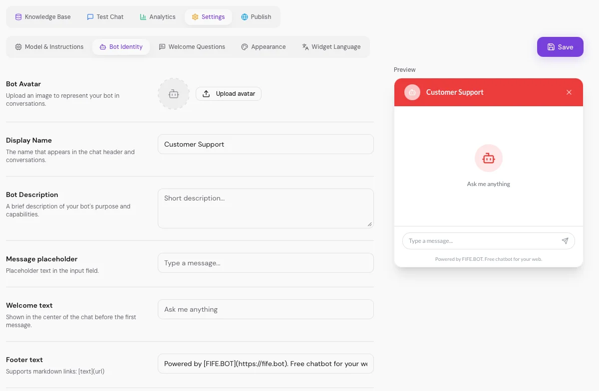 FIFE.BOT AI agent identity — name, avatar, welcome message and proactive messages