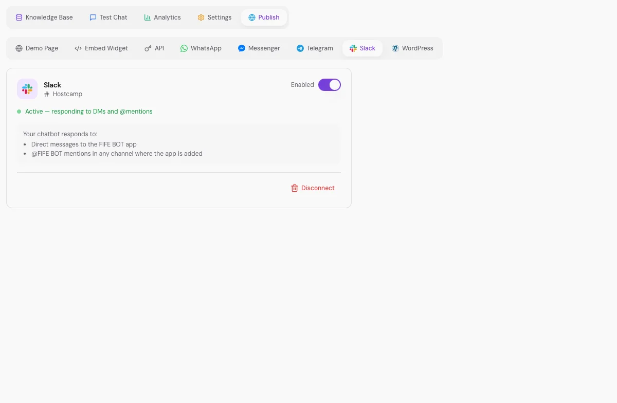 FIFE.BOT publish channels — website widget, iframe embed, direct link and API